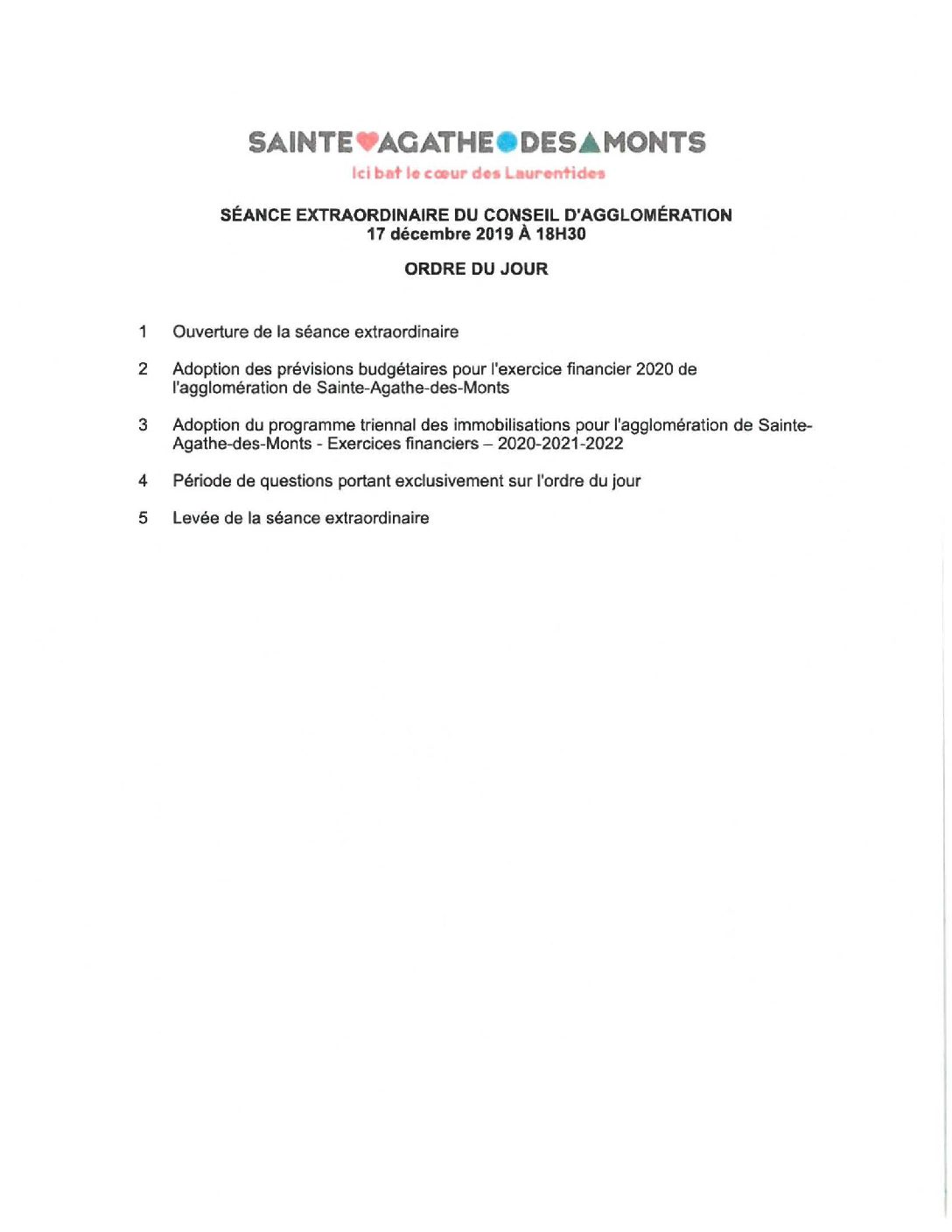 Conseil d’agglomération : Ordre du jour de la séance extraordinaire du 17 décembre 2019