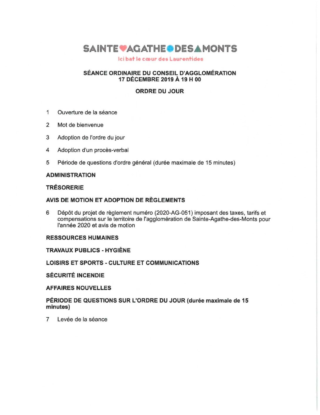 Conseil d’agglomération : Ordre du jour de la séance ordinaire du 17 décembre 2019