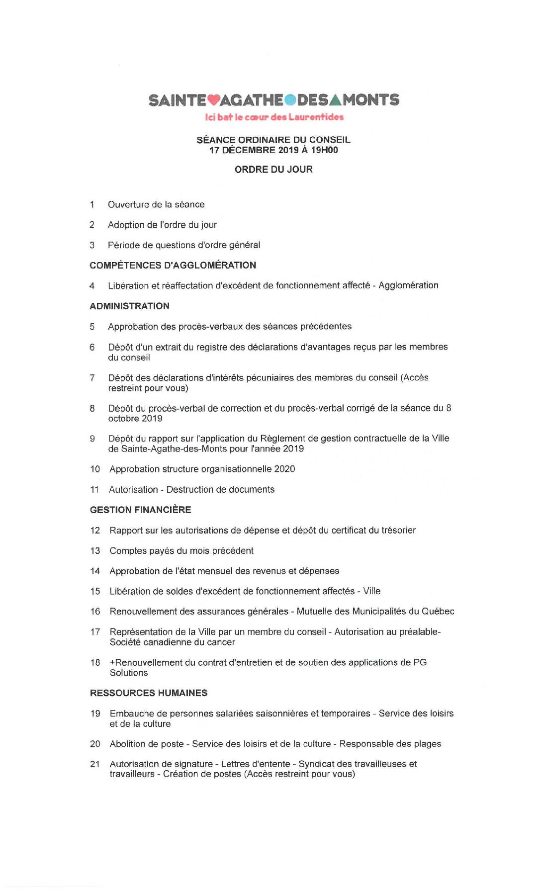 Conseil municipal : Ordre du jour de la séance ordinaire du 17 décembre 2019