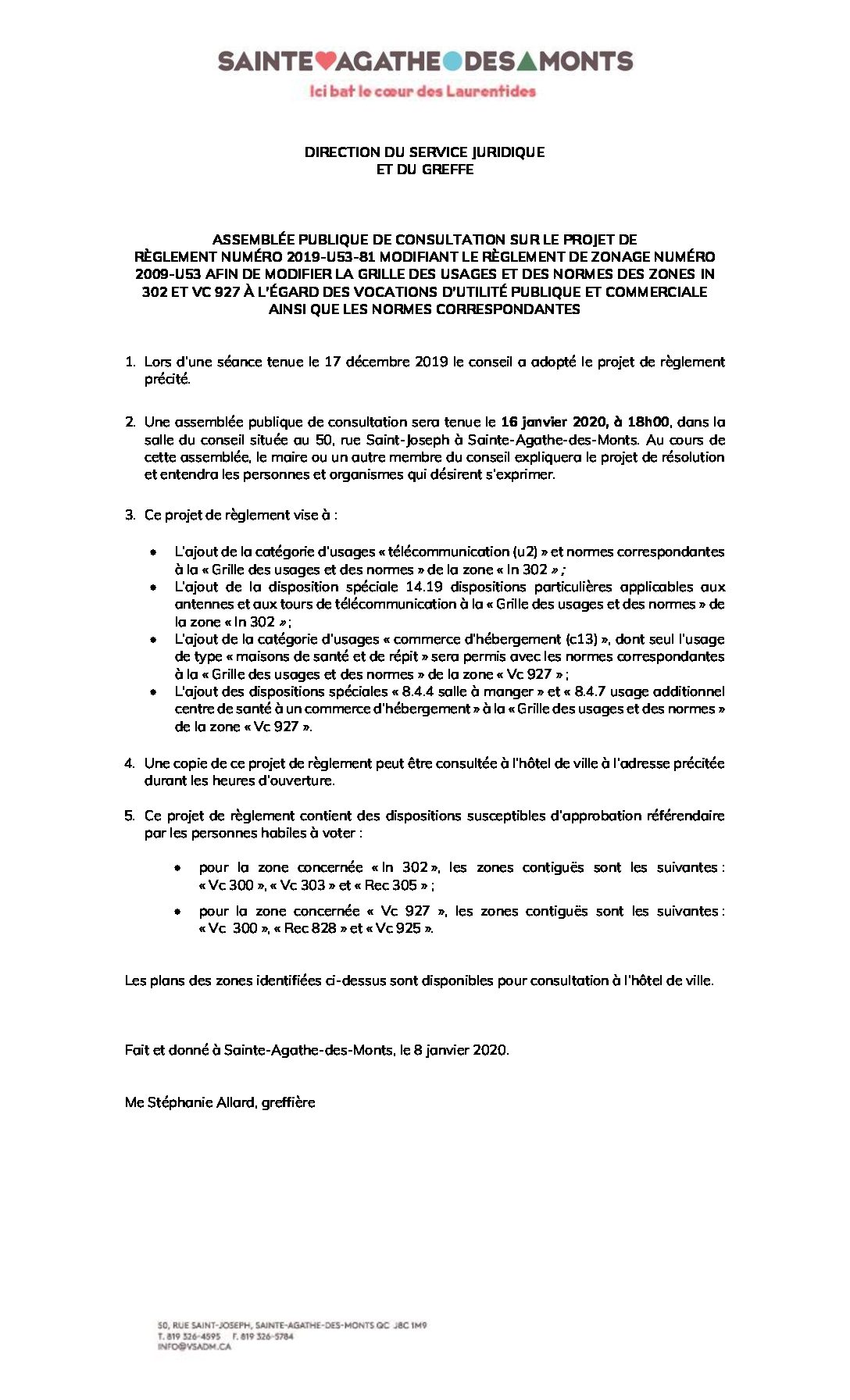 Assemblée publique de consultation – projet de règlement 2019-U53-81