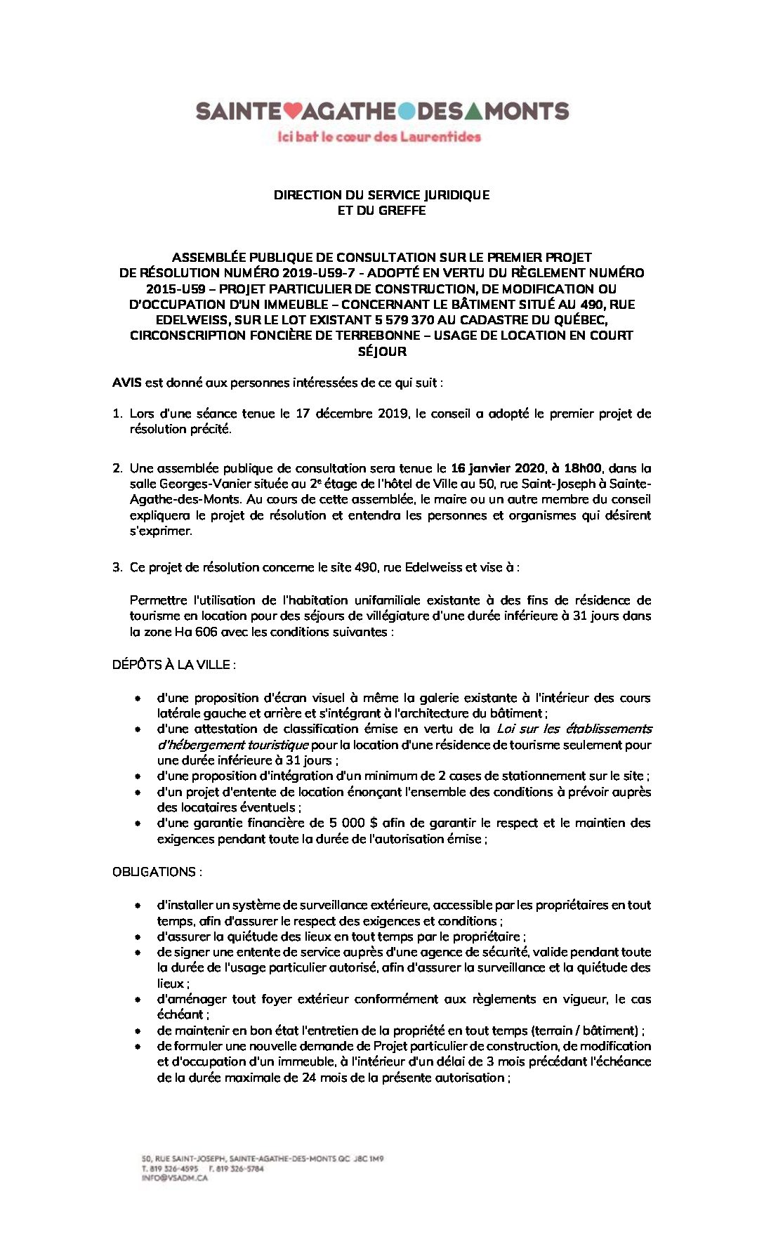 Assemblée publique de consultation – premier projet de résolution 2019-U59-7